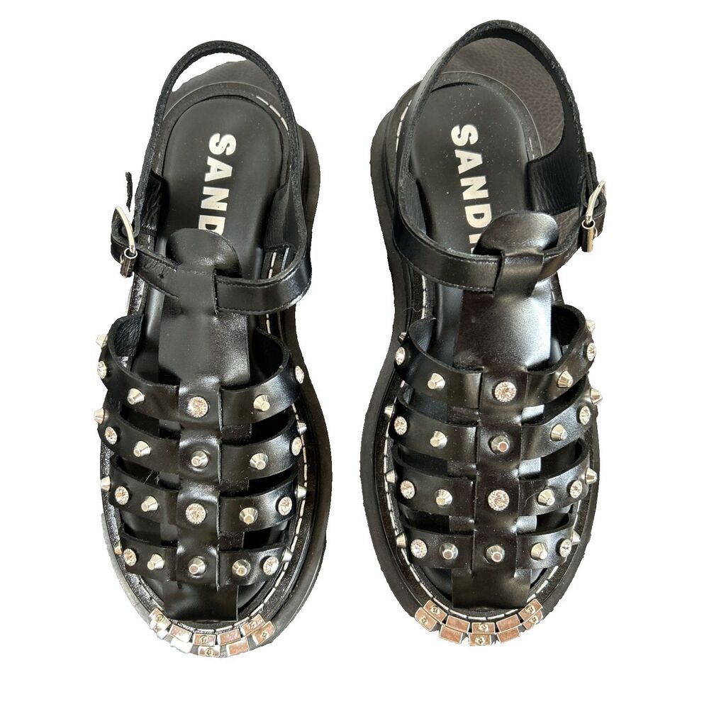 Sandro Olys Studded Leather Caged Fisherman Sandals Black Rhinestone Sz 39/US8.5 - Picture 3 of 11